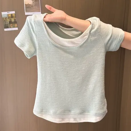 假两件撞色短袖T恤女夏季2025新款修身韩版设计感chic别致上衣潮图片
