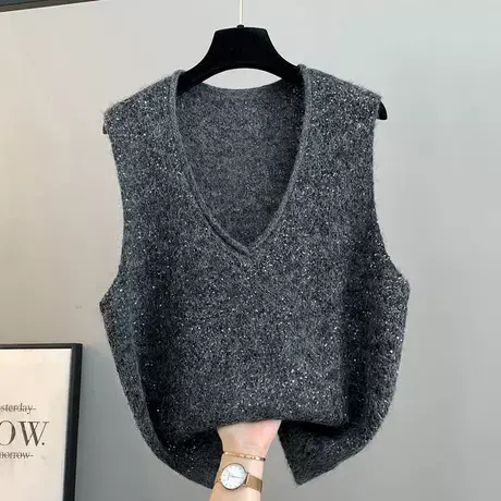 秋冬新款慵懒风宽松叠穿V领保暖气质小亮片针织马甲上衣松弛感潮图片