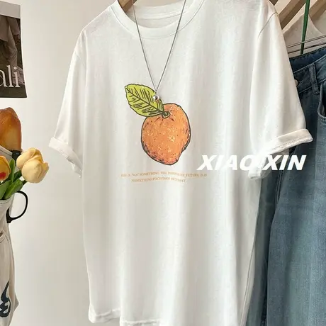 韩国chic 可爱百搭柑橘印花雪花棉短袖T恤女 2025夏季宽松上衣tee商品大图