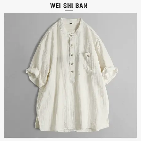 复古立领亚麻短袖立领衬衫男夏季纯色简约宽松休闲衬衣男薄款上衣商品大图