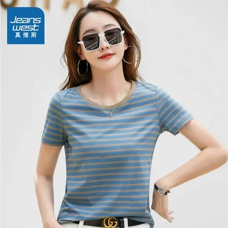 VO真维斯女装2025夏季新款 短袖圆领修身显瘦百搭时尚条纹T恤上衣商品大图