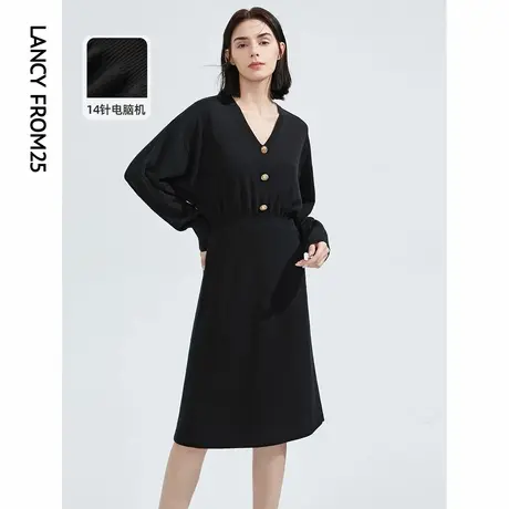 朗姿法式复古高腰纯羊毛黑色针织连衣裙V领收腰显瘦女新款小黑裙商品大图