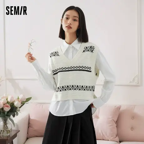 森马长袖衬衫女气质宽松衬衣V领提花短款背心秋优雅两件套复古风商品大图