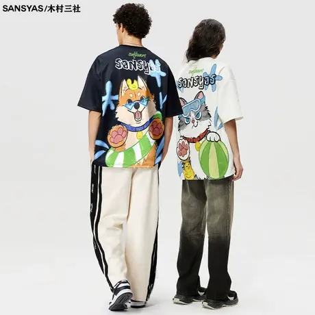 木村三社SANSYAS 游泳猫狗情侣t恤高级感半袖夏季透气可爱短袖商品大图