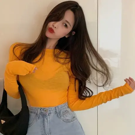 薄款显身材橘黄色t恤收腰紧身南瓜黄防晒罩衫微透视土黄色上衣女图片