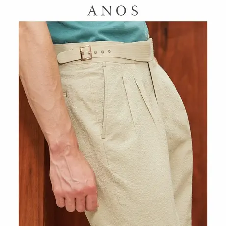 ANOS春夏泡泡纱廓尔格裤卡其色绅士时尚轻盈透气休闲垂感九分裤男图片