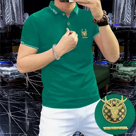 2025新款夏季男生翻领polo衫短袖t恤帅气潮流短袖男修身上衣绿色图片
