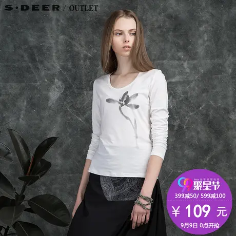 sdeer圣迪奥女装2017秋装文艺墨迹印花长袖打底T恤S16180248图片