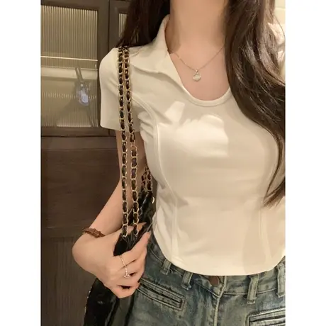 美式U领鱼骨短袖T恤女夏天韩版修身外穿打底衫短款POLO衫上衣体恤商品大图