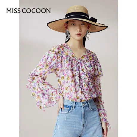 100%桑蚕丝 COCOON商场同款上衣2024夏季新款女装气质V领碎花上衣商品大图