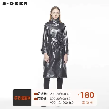 sdeer圣迪奥女装时尚个性高领双排扣抽绳收腰格纹风衣S19381863图片