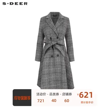 sdeer圣迪奥女装西装领格纹收腰毛呢长款大衣S22482513图片