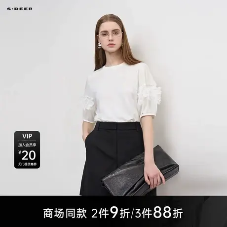 【商场同款】sdeer圣迪奥圆领绣花欧根纱不规则短袖T恤S25280132图片