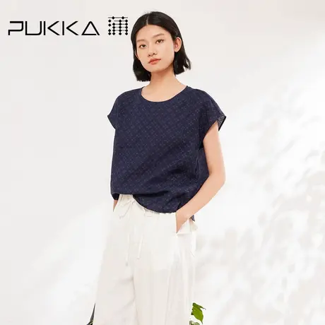 蒲PUKKA 宽松短袖衬衫女亚麻印花简约通勤设计感衬衣商品大图