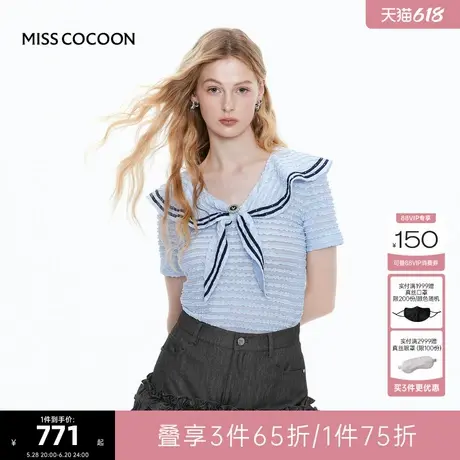 MISS COCOON可可尼学院风蕾丝上衣女2025夏季新款系带海军领短袖商品大图