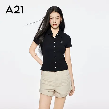 A21女装修身显瘦翻领单排扣针织衬衫简约短款薄上衣气质百搭图片