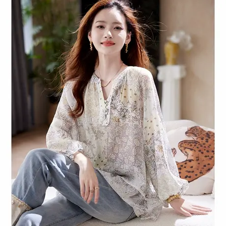 宝诗黎V领宽松印花衬衫女2025夏季洋气休闲大码波西米亚风衬衣潮图片