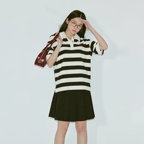 omont蛋挞家 复古polo领短袖T恤女春季新款宽松休闲条纹上衣商品大图