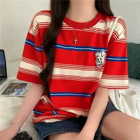 美式复古红色条纹宽松上衣遮肚子显瘦欧货刺绣正肩短袖t恤女夏季商品大图