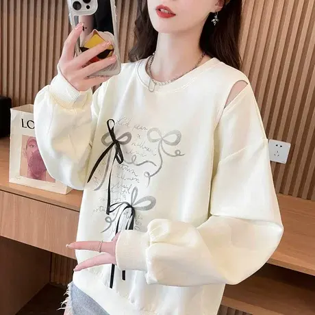 早秋露肩蝴蝶结卫衣女春秋季韩版宽松薄款大码个性性感上衣服外套商品大图