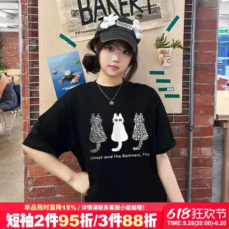 美式学院风设计感卡通印花黑色短袖t恤女2025新款宽松显瘦上衣夏图片