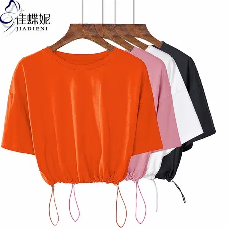 夏季新款韩版纯棉圆领宽松休闲短款高腰短袖体恤上衣纯色抽绳女装商品大图