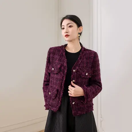 希区瑞普2025安哥拉红春季新款短款小香风外套流苏宽松粗花呢商品大图