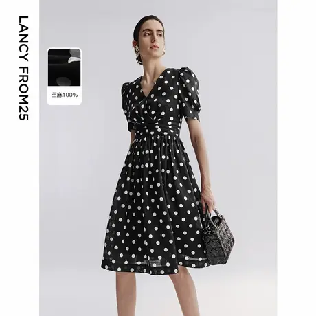 朗姿法式气质波点黑色苎麻裙子收腰2025年夏季新款高知独特连衣裙商品大图