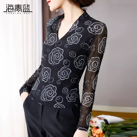 海青蓝气质v领黑色打底衫女士2024秋季新款网纱长袖显瘦印花上衣商品大图