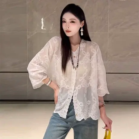 韩系设计感七分袖刺绣衬衫女2025夏季新款洋气百搭减龄显瘦衬衣潮商品大图