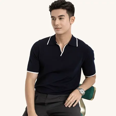 JUESION夏季Polo短袖男t恤高级感舒适小V领商务休闲男装针织t修身图片