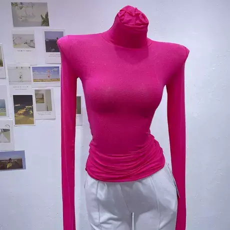 颜色美哭·彩虹色高领紧身内搭打底衫上衣女秋冬堆堆领长袖t恤薄图片