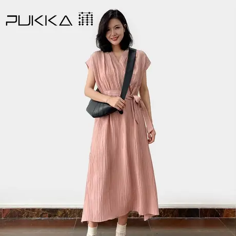 蒲PUKKA 夏季新品气质V领褶皱真丝系带收腰显瘦茶歇连衣裙图片