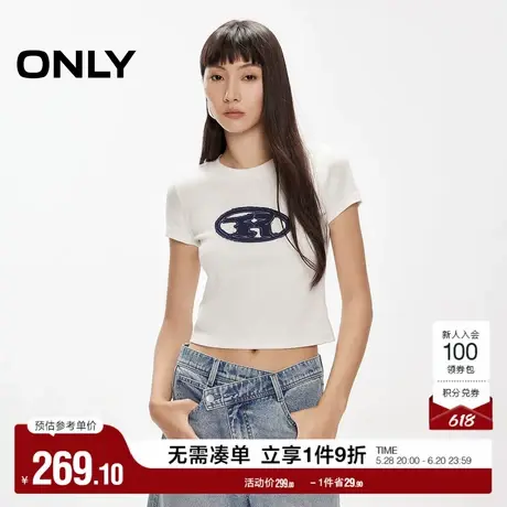 ONLY2025夏季新款舒适字母条纹图案修身圆领短款短袖正肩T恤女图片