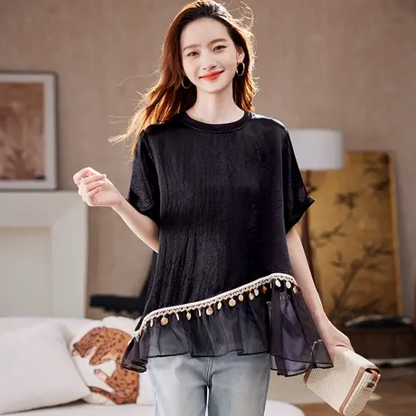 宝诗黎圆领亮片拼接醋酸上衣2025夏季气质简约波西米亚风宽松衬衣商品大图