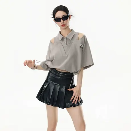 2025新款露肩翻领假两件短袖T恤女夏季潮酷宽松设计感ins风上衣图片