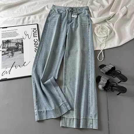 复古水洗浅蓝高腰牛仔裤女2025春季新款简约时尚宽松直筒阔腿长裤商品大图