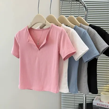韩系chic甜辣短袖T恤女夏季修身韩版打底衫内搭短款V领正肩上衣潮商品大图