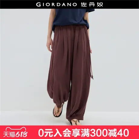 佐丹奴休闲裤女慵懒风串珠腰绳阔腿裤半松紧腰灯笼长裤女18415209商品大图