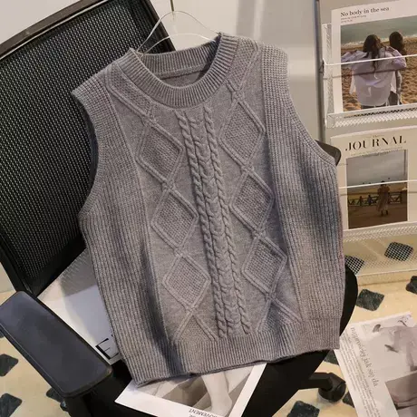 秋冬新款宽松套头款休闲无袖麻花圆领菱形针织毛衣背心马甲上衣女商品大图
