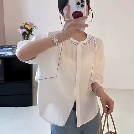 2025韩版时尚宽松圆领单排扣短袖黑线拼色衬衫女简约休闲显瘦上衣商品大图