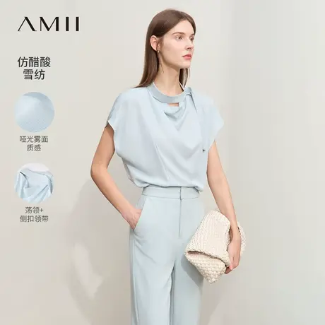 Amii2025夏新款极简纯色领带连袖宽松荡领仿醋酸雪纺衫上衣女款商品大图