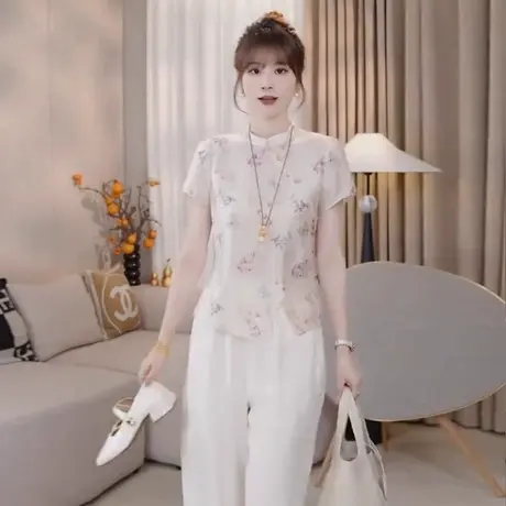 拉夏贝尔新中式国风衬衫女夏季新款洋气小个子短袖上衣不规则衬衣商品大图