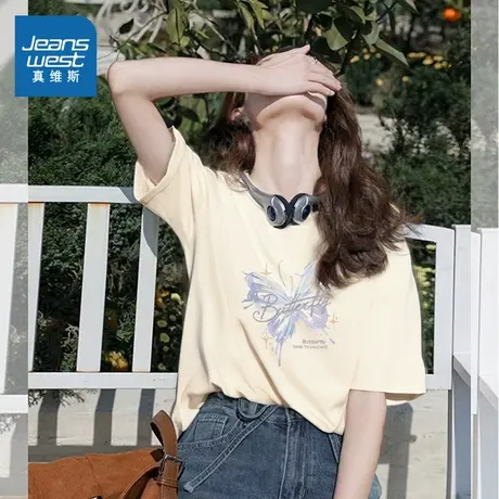 NOB真维斯杏色纯棉短袖t恤女夏季2025新款宽松休闲青少年圆领上衣图片