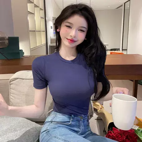 夏新款性感·显身材心机T恤修身百搭打底基础简约T恤弹力内搭上衣商品大图