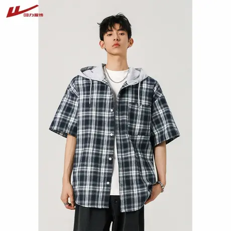 回力棋盘格连帽短袖衬衫男士夏季美式半袖上衣宽松休闲衬衣外套潮商品大图