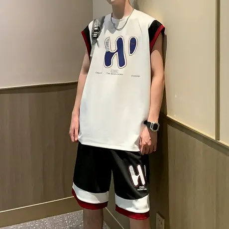 休闲运动套装男夏季无袖T恤背心潮牌男装短袖短裤冰丝男生两件套图片
