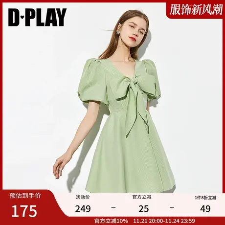 DPLAY德帕拉夏新薄荷绿复古泡泡袖连衣裙甜美蝴蝶结系带小A裙图片