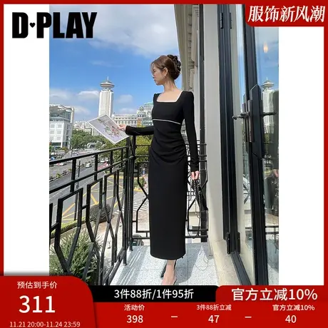 DPLAY新法式赫本风黑色捏褶侧开衩闪钻连衣裙轻礼服小黑裙商品大图