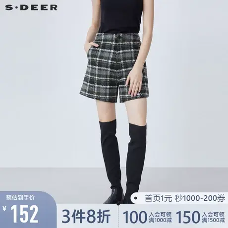 sdeer圣迪奥春装复古休闲插袋撞色格纹A字短裤S21460902图片